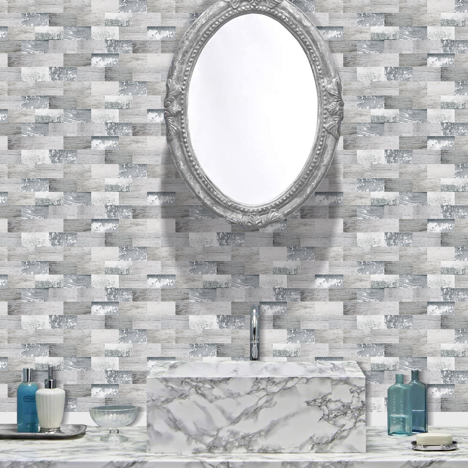 DEWOO 10-Sheet Peel and Stick Backsplash Wall Tile Self Adhesive, Stickon Tile for Kitchen Backplash, Bathroom Vanities, Fireplace Decor, Laundry Table, Stair Decals in Spruce Grey Rustic