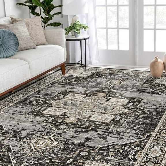 RUUGME Washable 5x7 Area Rugs - Large Rugs for Living Room Stain Resistant Carpet Vintage Rugs for Bedroom with Non Slip Backing Home Decor Floor Decoration Mat (5x7 Black)
