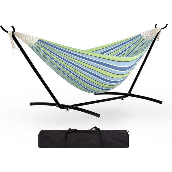 Instant-Setup 2-Person Hammock with Reinforced Steel Frame – Portable Outdoor Lounger for Garden, Camping & Beach (450lb Capacity   Quick-Fold Carry Bag),Blue-Green Stripes