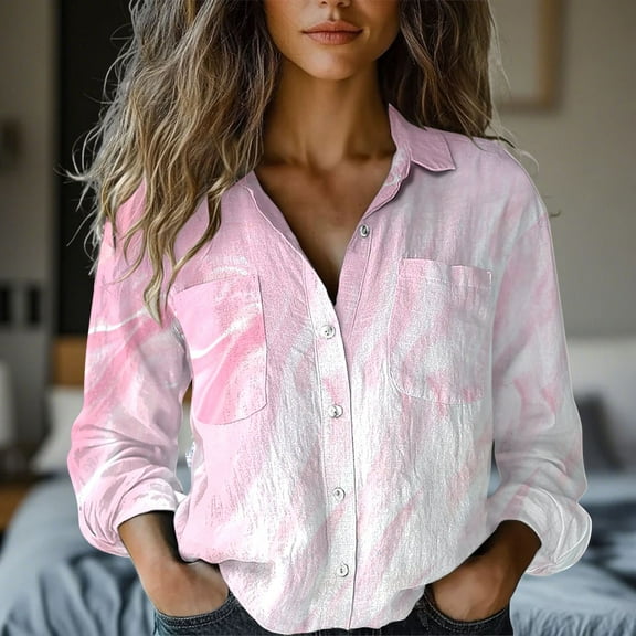 Pink Women Shirts, Women'S Long Sleeved Printed Button Down Shirt,Women Shirts M