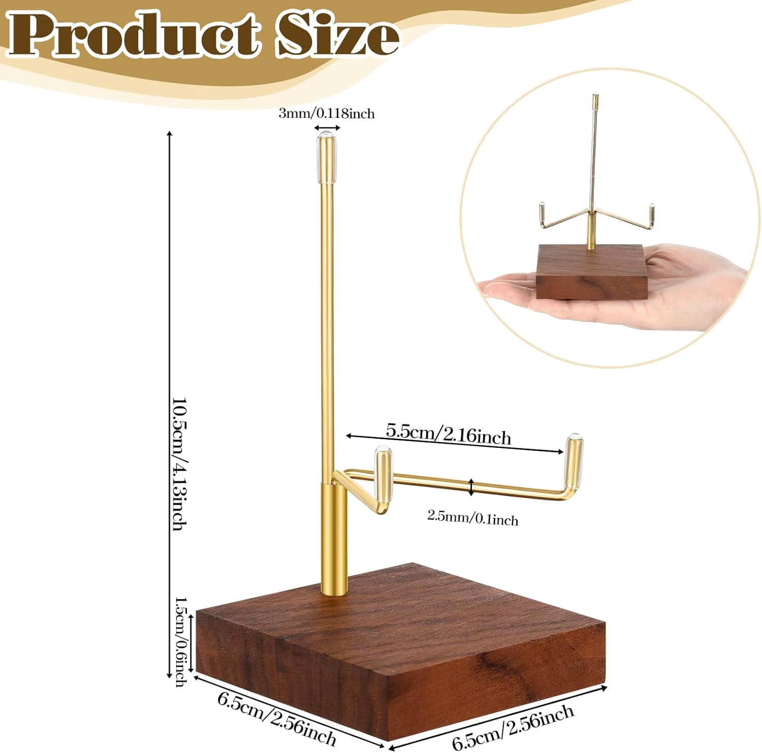 Walnut Wood Display Stand with Adjustable Metal Arms Small Display Easel Holder Crystal Displays Stand for Displaying Geodes Seashell Fossil Coral Crystal Rock (2.5"x2.5"x3.2")