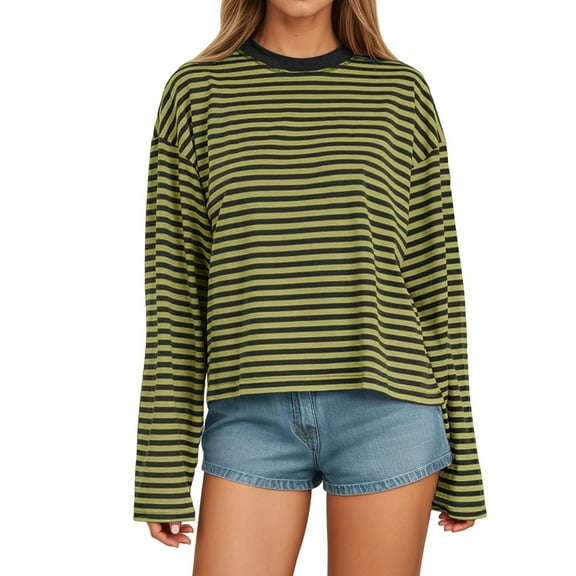 Women Tees Shirts Tops Long Sleeve Striped Color Loose Fit Round Neck 2025 Fall Outfits
