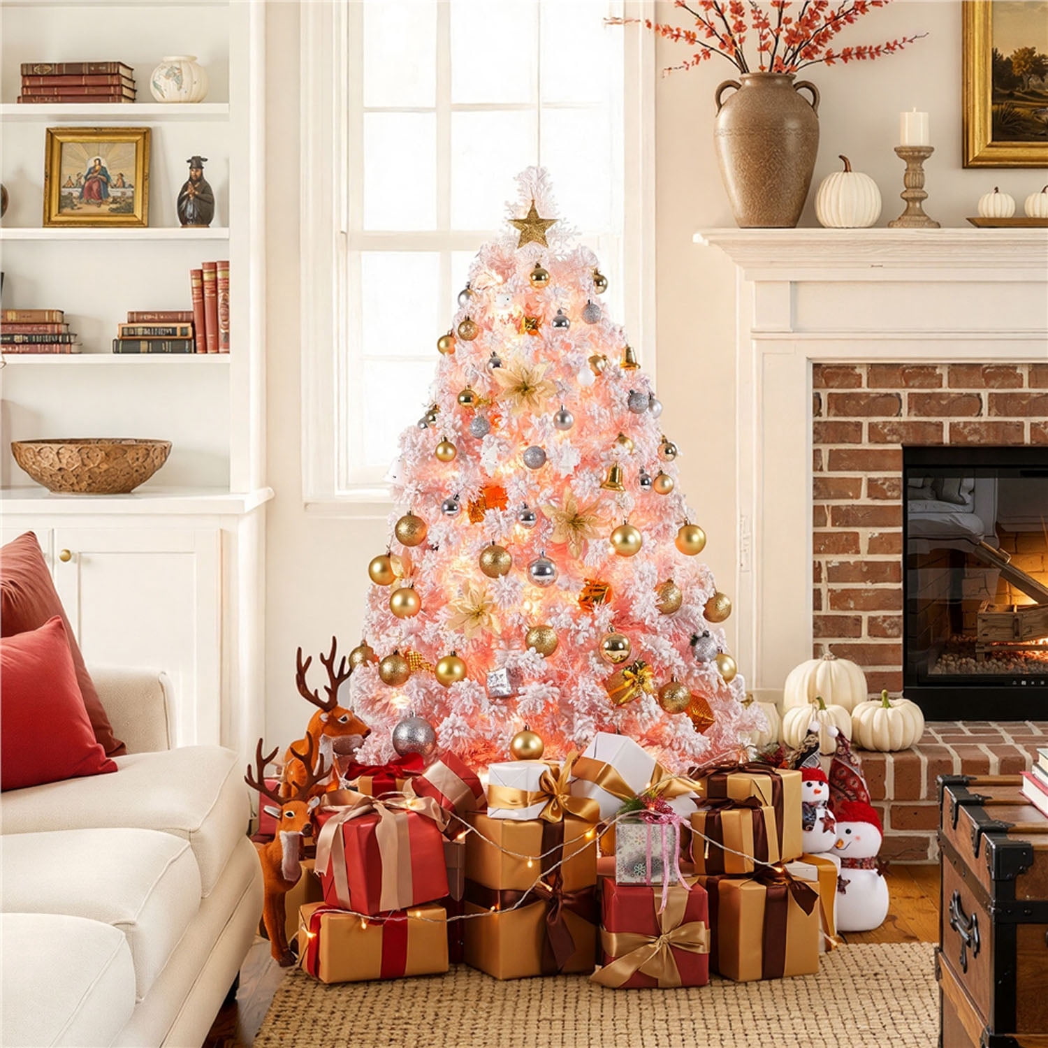 Alden Design 4.5FT Pre-lit Artificial Christmas Tree Flocked Christmas Tree with Foldable Stand and LED Warm Lights,Pink