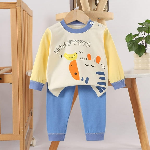 SYMOID Kids Boy 2-Piece Cotton Sweatshirt Set - Long Sleeve Cartoon Graphic Outfit in Beige & Blue for Kidss & Kidss,Size 0 Months