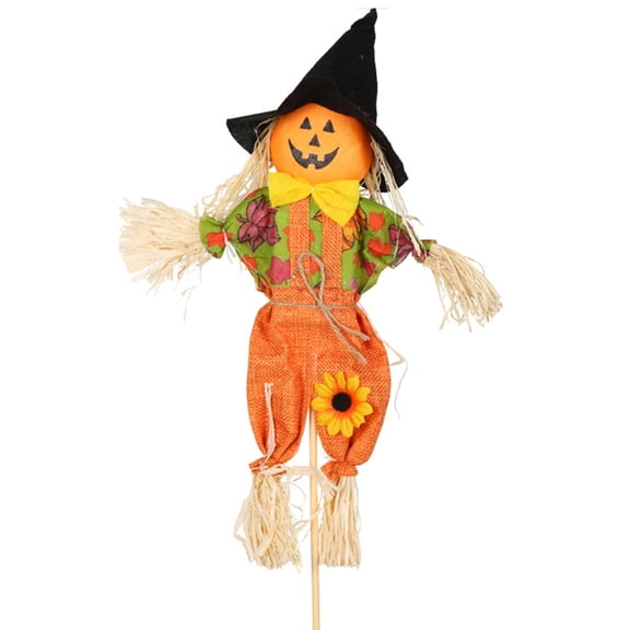 Small Rustic Halloween Scarecrow Decoration, Fall Harvest Standing Yard Prop, Outdoor Garden Decor for Holiday Party (Yellow Pants)
