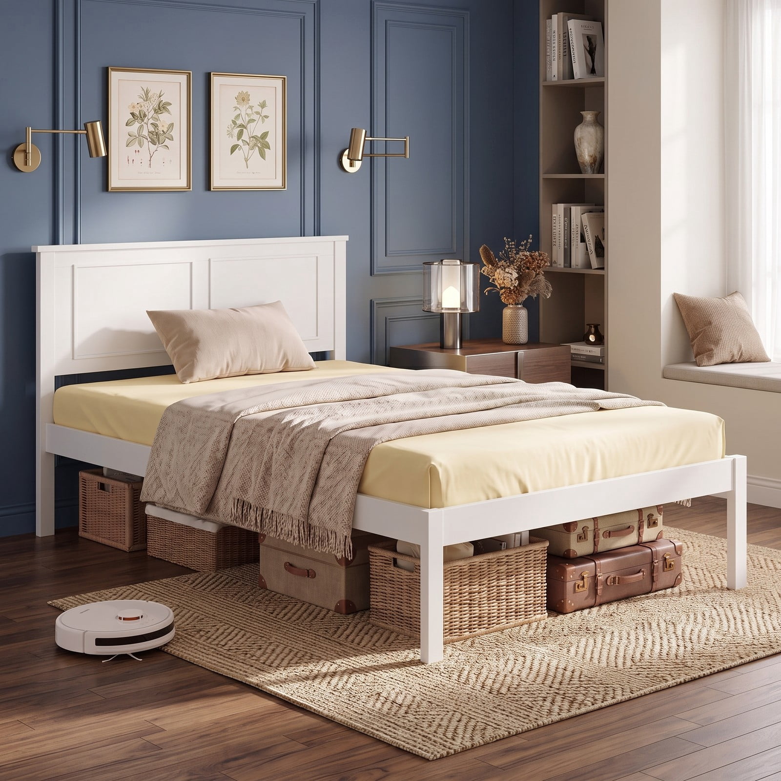 Furnibear Twin Bed Frame, Farmhouse Wood Platform Bed Frame with Paneled Headboard, Twin Bed Frame with Under Bed Storage for Bedroom, White
