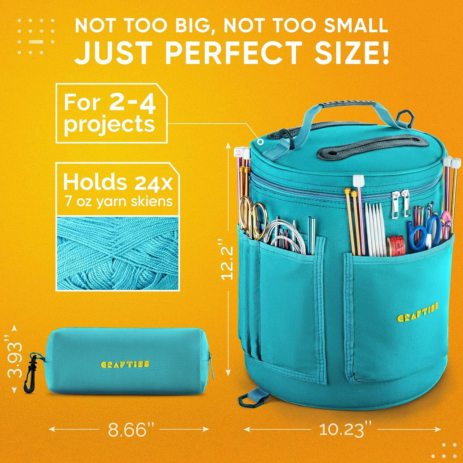 Craftiss Yarn Storage Bag - Turquoise Tote Yarn Bag, Durable Knitting and Crochet Organizer with Needle Case