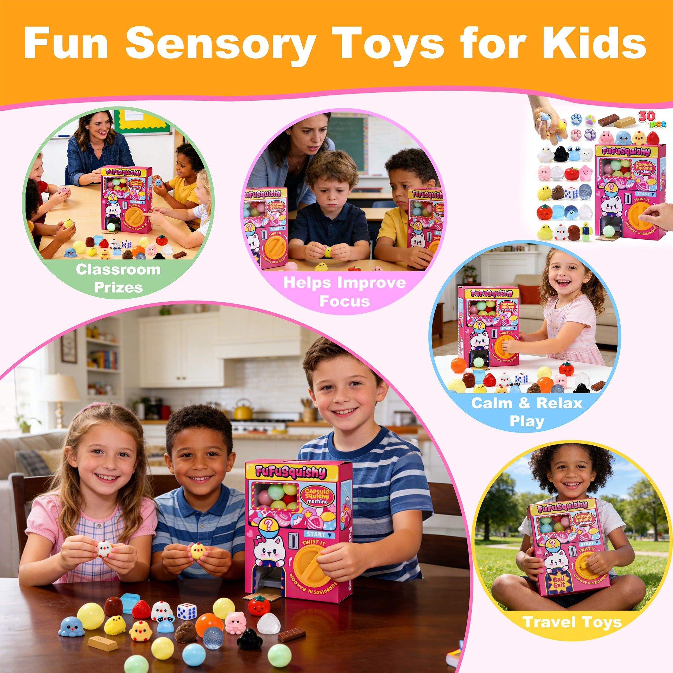FUFU SQUISHY Taba Squishy Capsule Machine Toy, 30PCS Squishy Set for Kids, Sensory Fidget Toys, Party Favors, Classroom Prizes