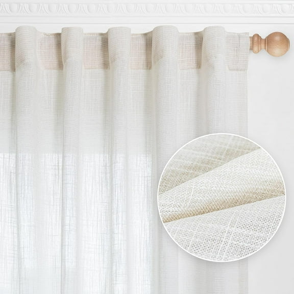 LKIFFA-Natural Linen White Curtains 80 Inches Long, Semi Sheer Soft Cotton Window Drapes Set for Living Room Back Tab Elegant Cute Look Country Bedroom Curtains, 50" x 80", Beige, Pack-2