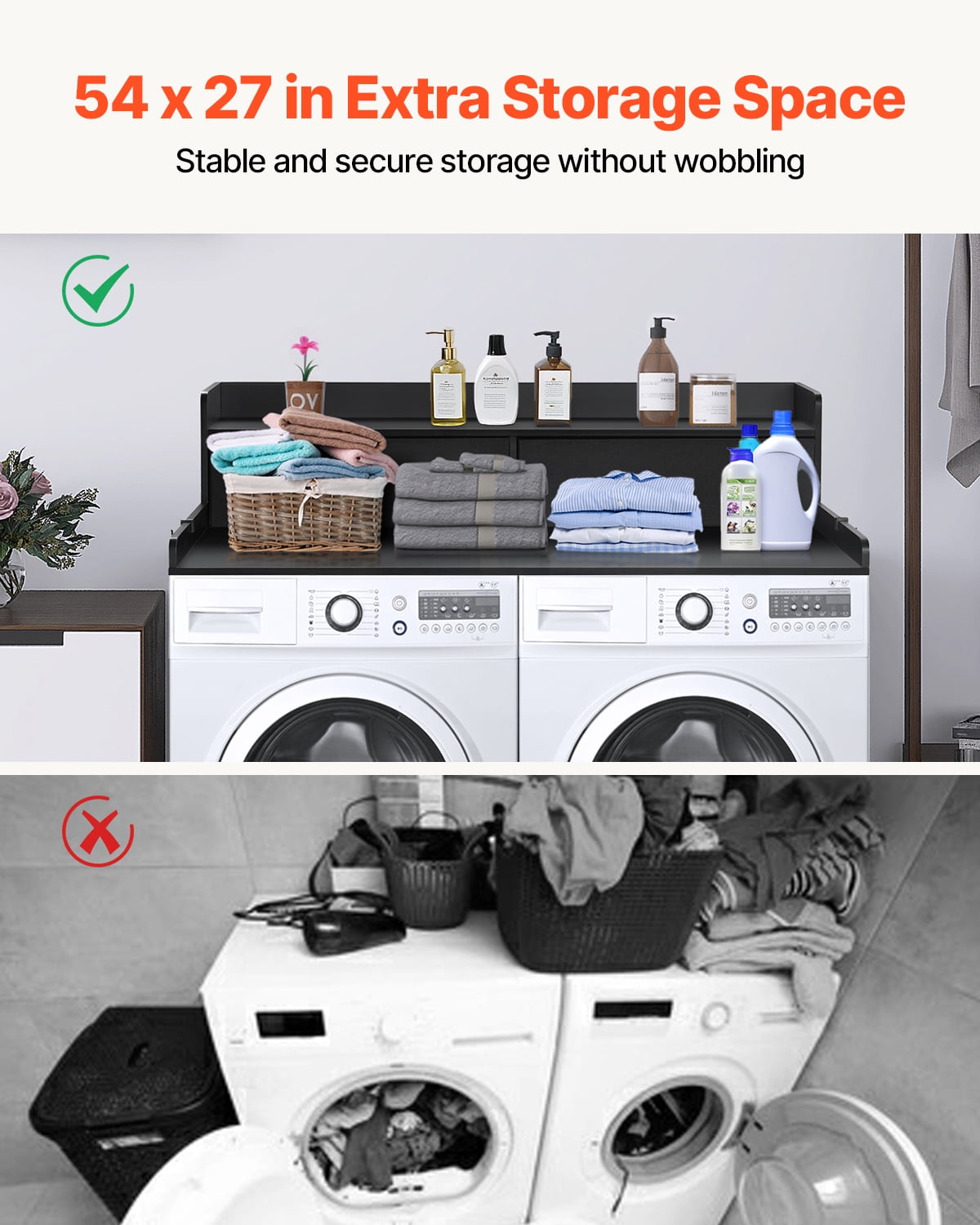 KFFKFF Laundry Room Organizer with Dual Drawers and Double Layer Shelf, 54" x 27" Wood Constructed Washer-Dryer Top, Equipped with Anti-Skid Pads, Water-Resistant Black Laundry Surface