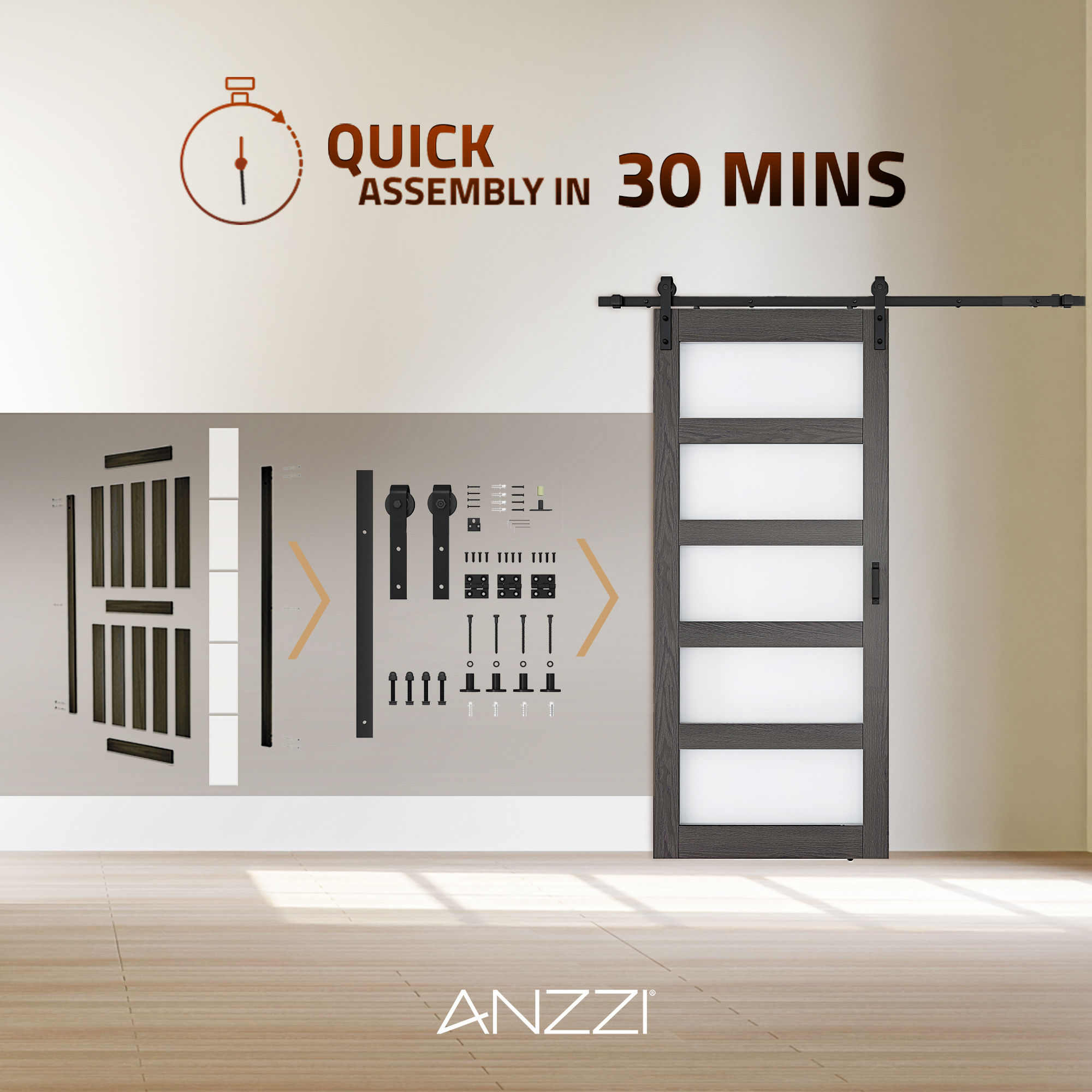 ANZZI 5 Vision Glass Sliding Door - Durable MDF/PVC Construction with Hardware Kit - Double Frosted Glass Panels and Secure Packaging - Ideal for Modern Homes (Light Brown)