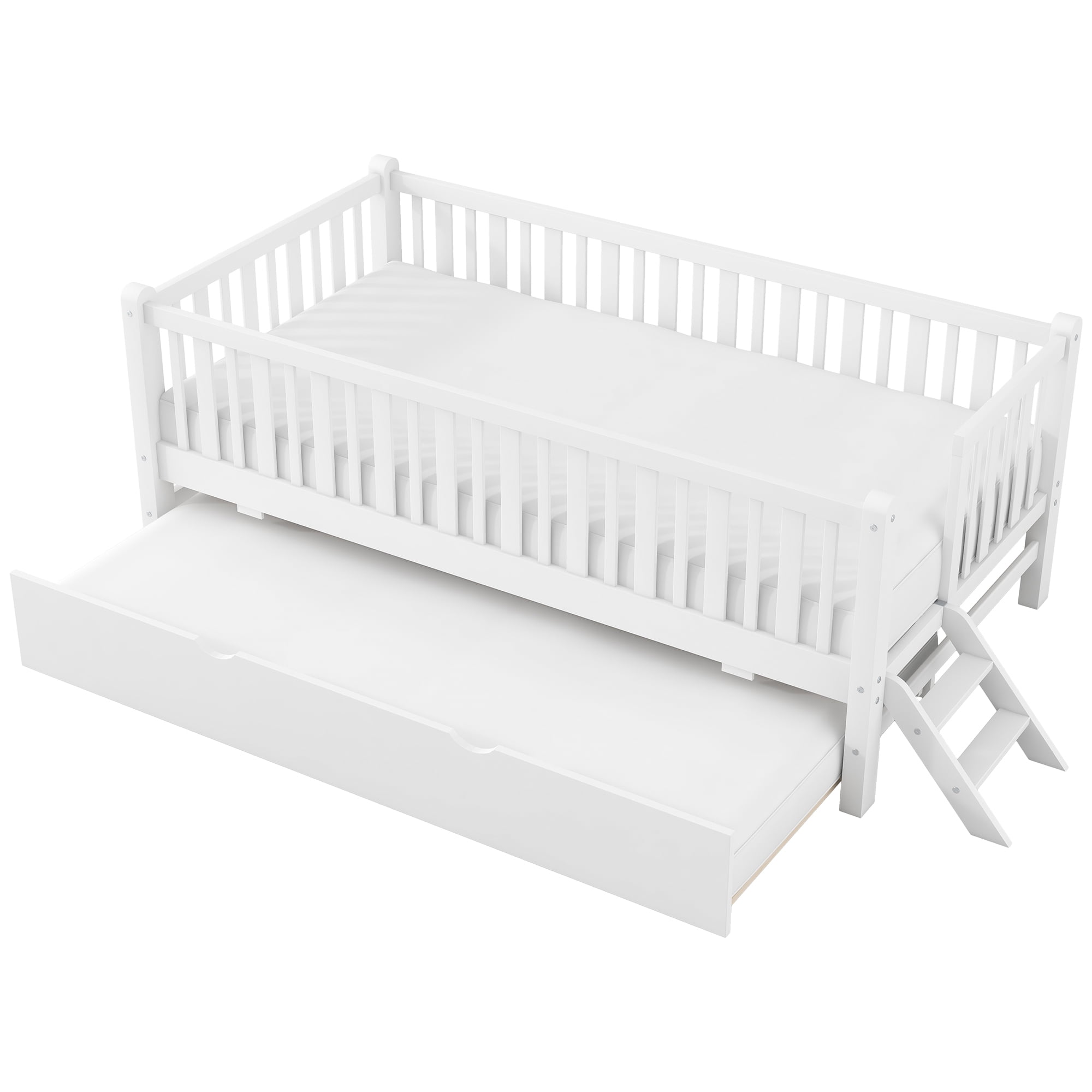 Euroco Wood Twin Size Platform Bed with Trundle, Guardrail Bed for Kids Teens Toddler, White