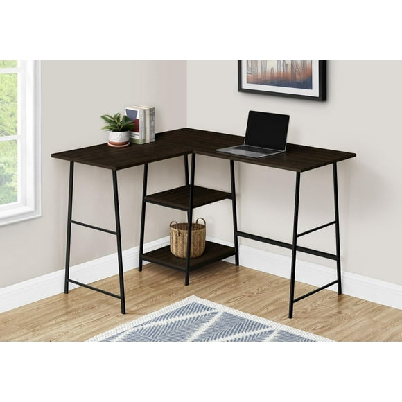 Monarch Specialties Bureau, Bureau À Domicile, Coin, Étagères De Rangement, 48"l, Forme De L, Travail, Ordinateur Portable, Métal, Stratifié, Brun, Noir, Contemporain, Moderne