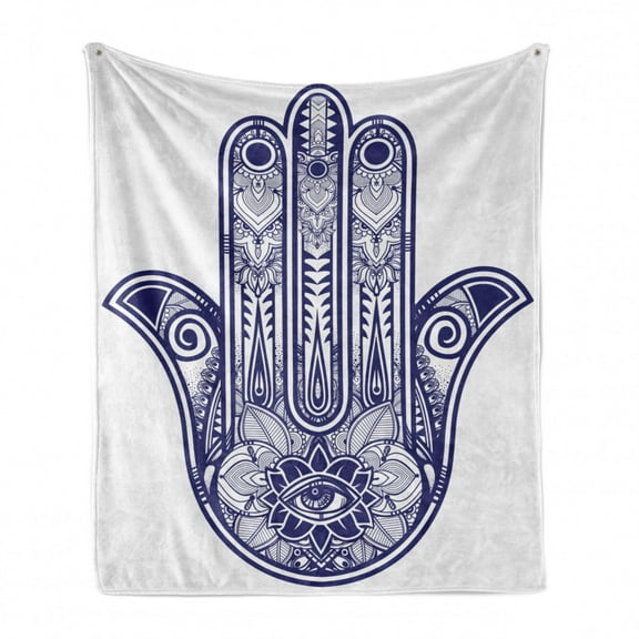 Hamsa Soft Flannel Fleece Throw Blanket, Art Design Elements Antique Cabala Magic Themed Sign Print, Cozy Plush for Indoor and Outdoor Use, 50" x 60", Navy Blue, by Ambesonne