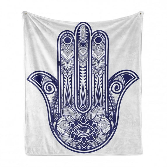 Hamsa Soft Flannel Fleece Throw Blanket, Art Design Elements Antique Cabala Magic Themed Sign Print, Cozy Plush for Indoor and Outdoor Use, 50" x 70", Navy Blue, by Ambesonne