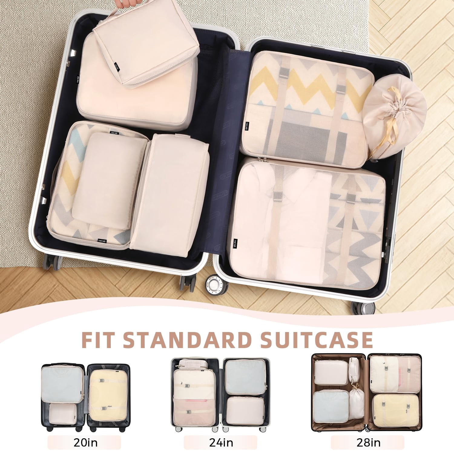 YAOLHLZ  8 Set Packing Cubes Luggage Packing Organizers for Travel Accessories-Cream