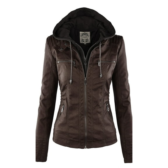 Made by Johnny Women's Removable Hoodie Motorcyle Jacket L COFFEE