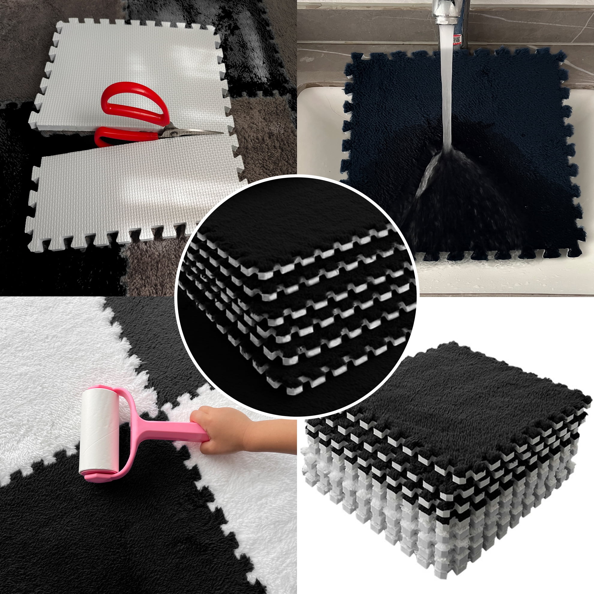 Interlocking Carpet Shaggy Soft EVA Foam Mats Fluffy Square Thickened Plush Tiles Protective Floor Tiles Exercise Play Mat for Children Kids Room Home Parlor Bedroom (Black, 12 Pcs)