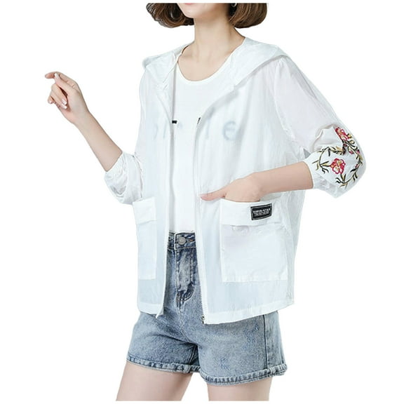 Stamzod Sun Protection Jackets for Women Solid Color Embroidery Long Sleeve Zip Up Jacket Coat with Pocket Casual Lightweight Rash Guard for Women White M