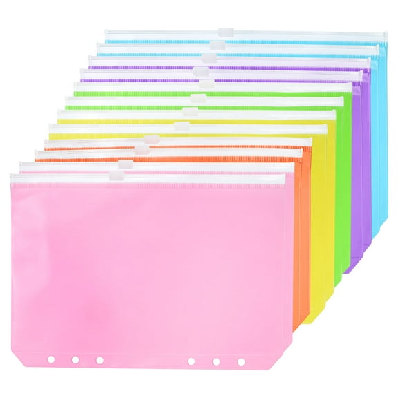 Uxcell A6 Binder Pocket, 12 Pack Zipper 6 Holes Binder Pouch, 6 Colors