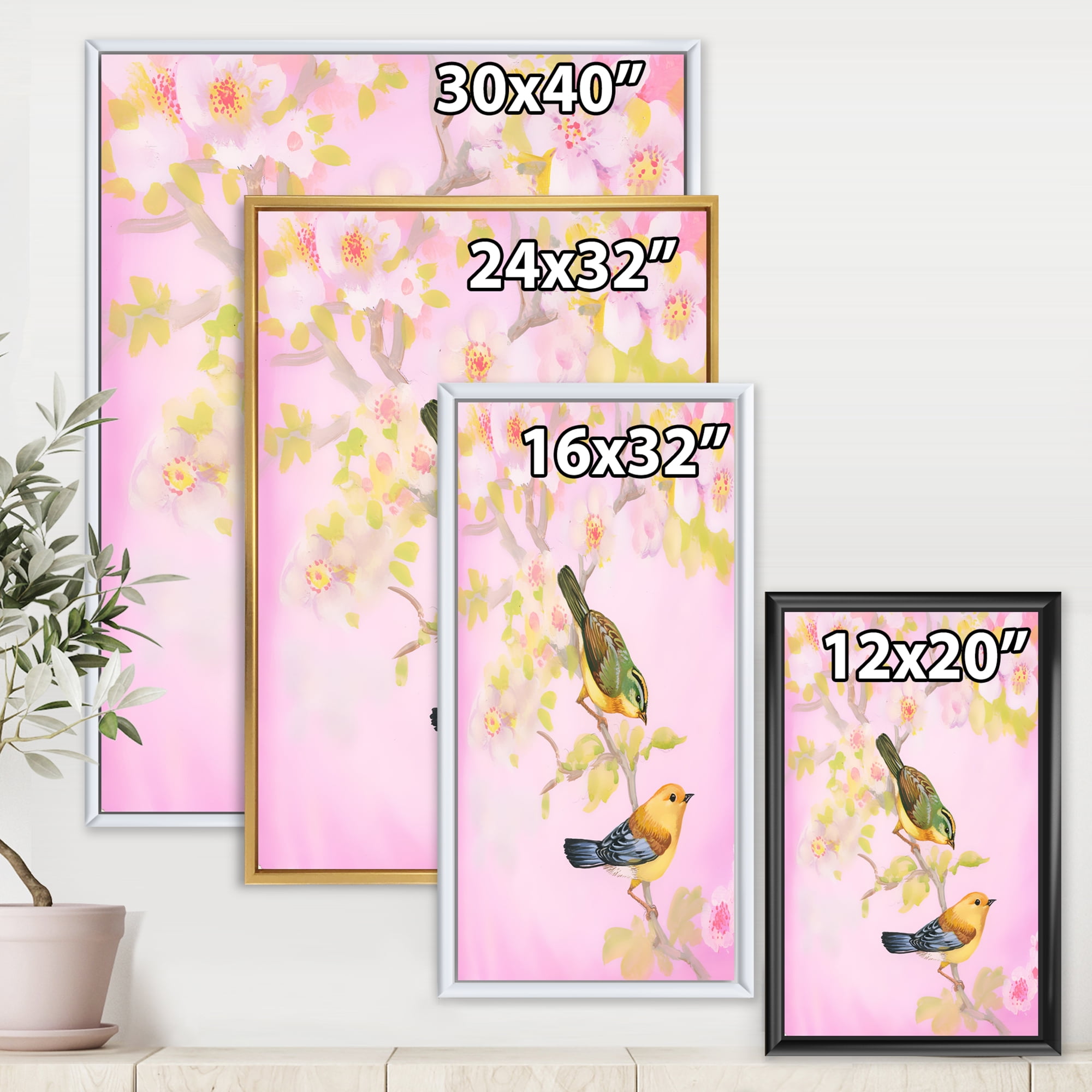 Designart 'Beautiful Bright Birds Sitting On Branch' Traditional Framed Canvas Wall Art Print