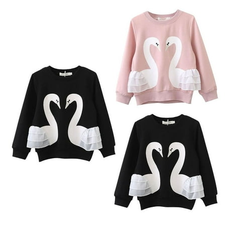 Spring Newborn Baby Kids Girls Swan Print Pullover Blouse Cotton Top Shirt Long Sleeve Clothes Outfits
