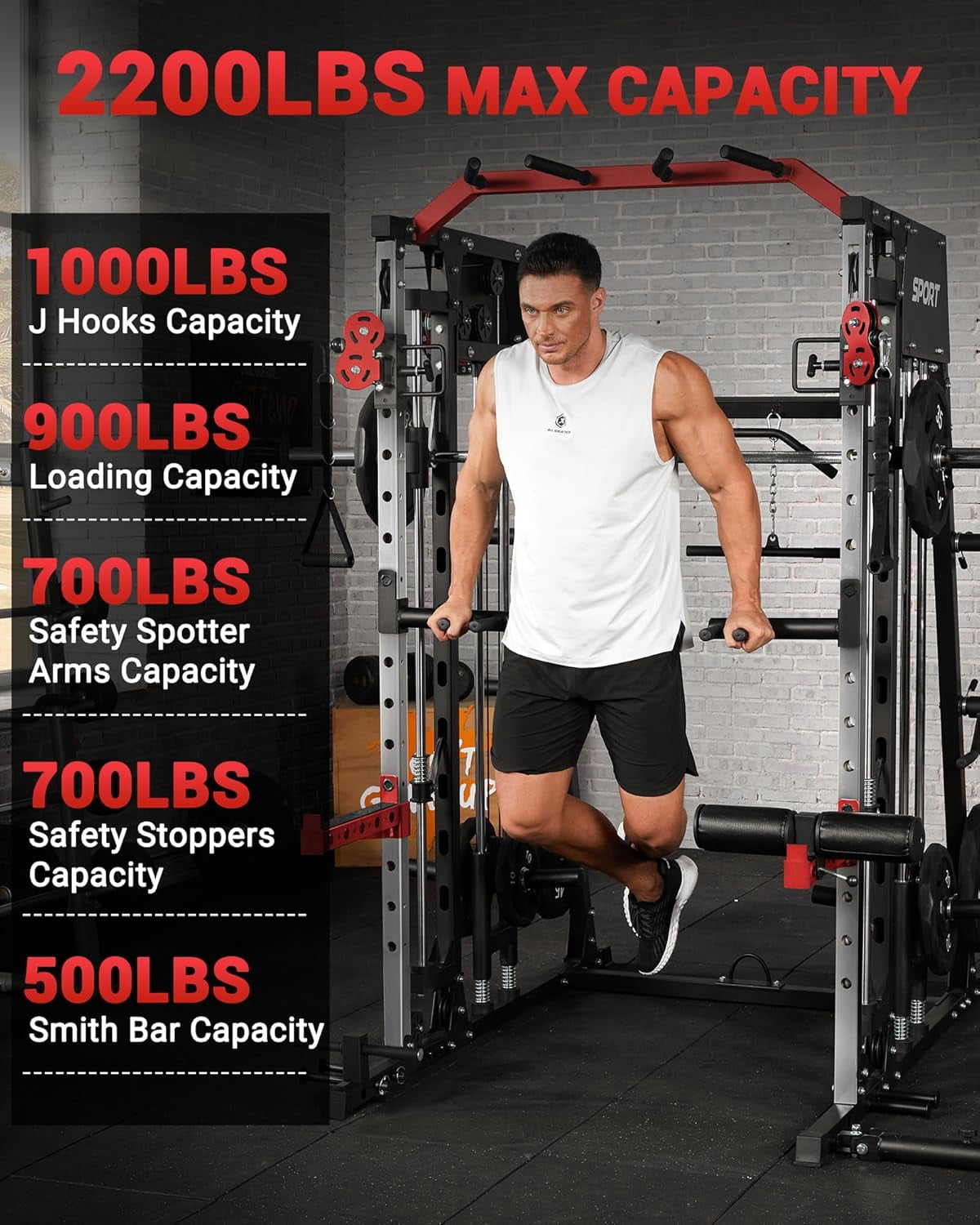 JoanKaren Pro Smith Machine Home Gym,2200 lbs Squat Rack Power Cage Workout Equipmen with Cable Crossover for Full Body Strength Training,Black&Red