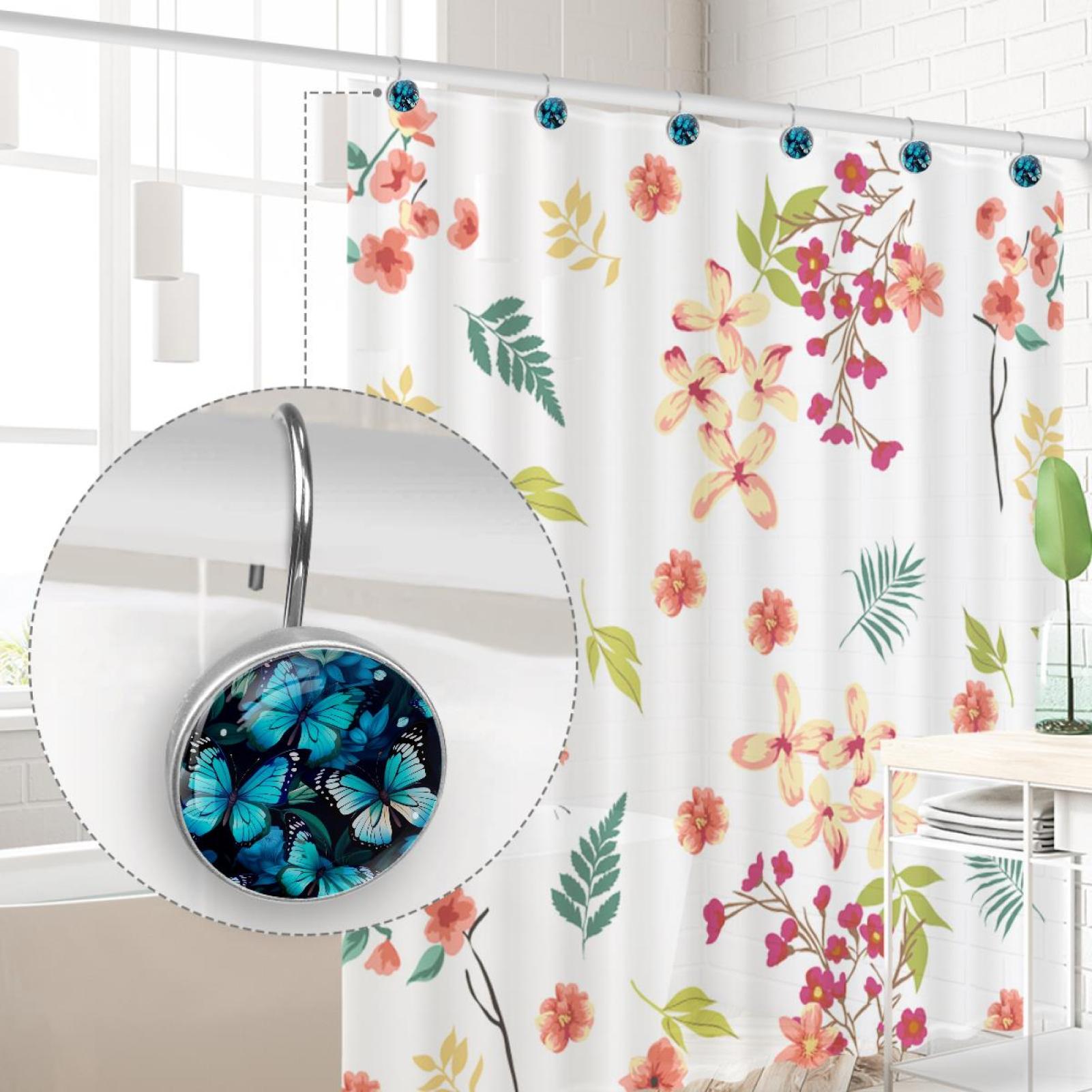 Colorful Flying Butterfly Shower Curtain Hooks Round Crystal Glass, Set of 12 Shower Curtain Rings - Shower Hooks for Curtain Shower Rings