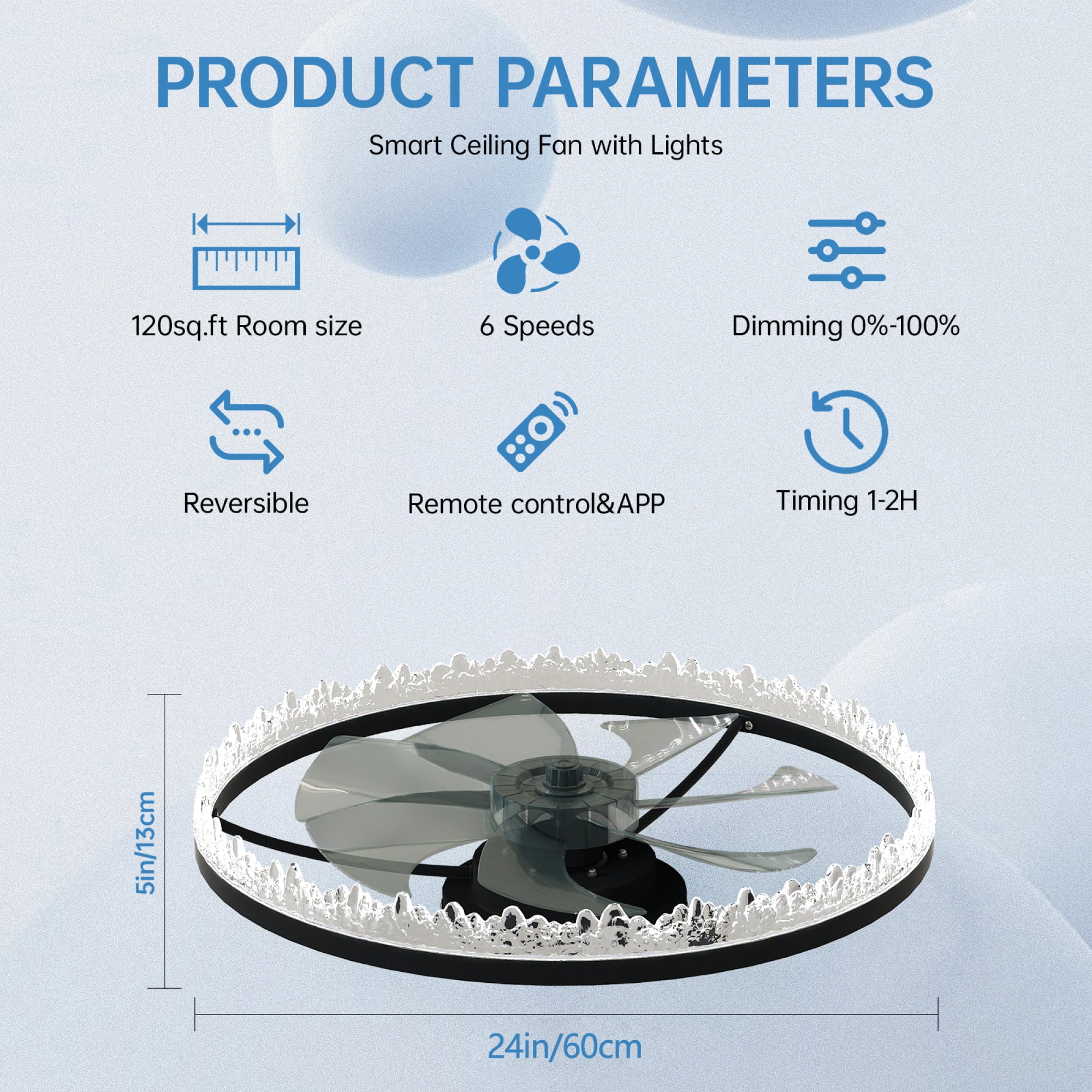 Jopath 24" Smart Silent Ceiling Fan with Light,Flush Mount LED Chandelier with 5 Invisible Blades, Remote Control and Timer, Dimmable Lighting for Bedroom, Living Room,Black
