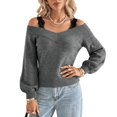 thumbnail image 3 of Women Off Shoulder V Neck Puff Long Sleeve Slim Fit Knit Sweater Top Dark Gray S, 3 of 9