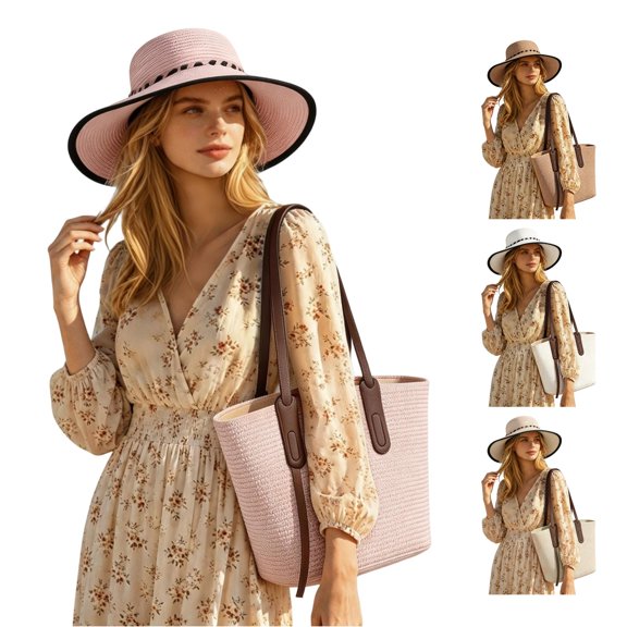 Bohemian Festival Wide Brim Sun Hat with Adjustable Tie for Beach Hat for Women with Ponytail Hole One Size