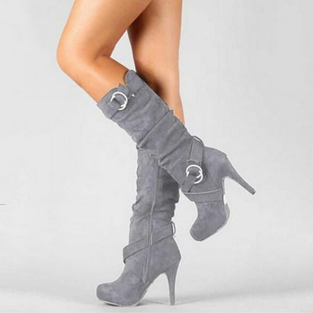 

Tdoqot 2022 Boots for Women- High-Heels Christmas Gifts Casual Chunky Heel Women s Over-the-Knee Boots Gray 37