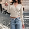 thumbnail image 6 of Admvng Women's Wrap V‑Neck Knit Sweater Long Sleeve Cropped Pullover Side Tie Knot Casual Fall Sweater, 6 of 9