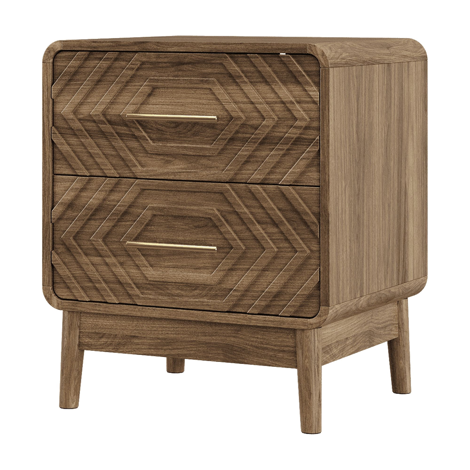 Walnut wood bedside table, double drawer bedside table with solid wood legs and gold metal handles, rounded corner end table suitable for bedroom.
