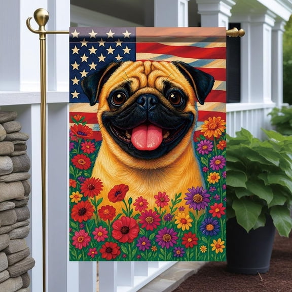Patriotic Pug Garden Flag 12 x 18 Inch Double Sided Dog Yard Banner USA Summer Outdoor Decoration for Lawn Porch or Patio