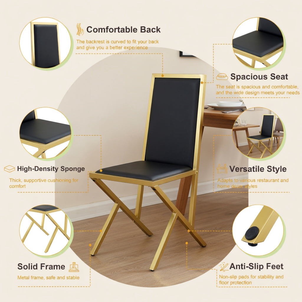 Hommoo 4-Pack PU Leather Dining Chairs with Metal Frame, Ergonomic Modern Design, Easy Assembly & Adjustable Non-Slip Feet, Black & Gold