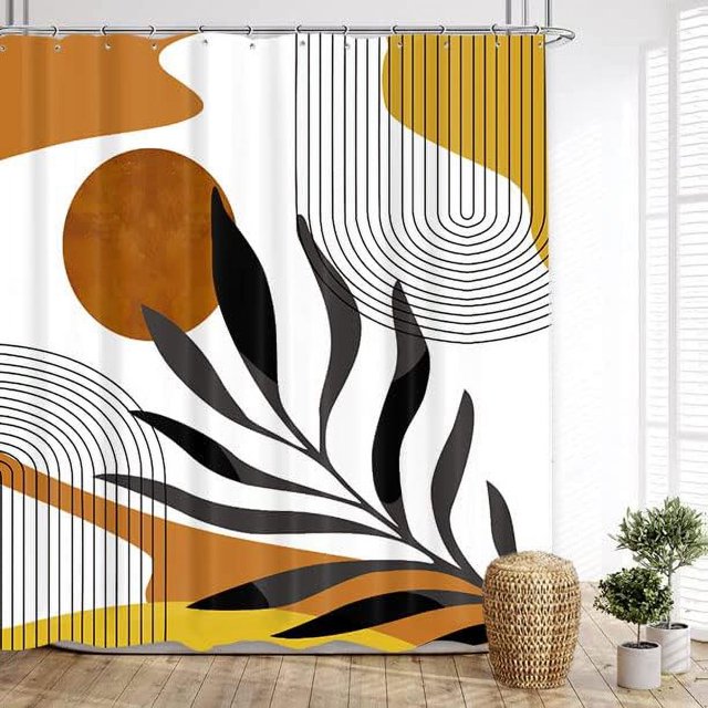 GFDYREE Rideau de Douche Mi-Siècle Rideau de Douche Abstrait Brun Boho Soleil Rideau de Douche Moderne Orange Rideau de Douche Géométrique Arche Minimaliste Rétro Feuilles Déco de Salle de Bain Imperméable Polyester