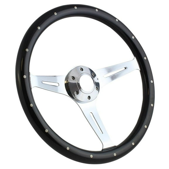 380mm Black Wood Steering Wheel with Chrome Spokes and Billet Horn Button