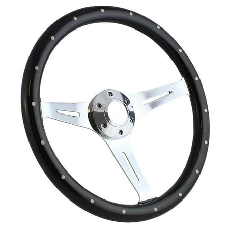 Mustang Horn - 380mm Black Wood Steering Wheel with Chrome Spokes and Billet Horn Button
