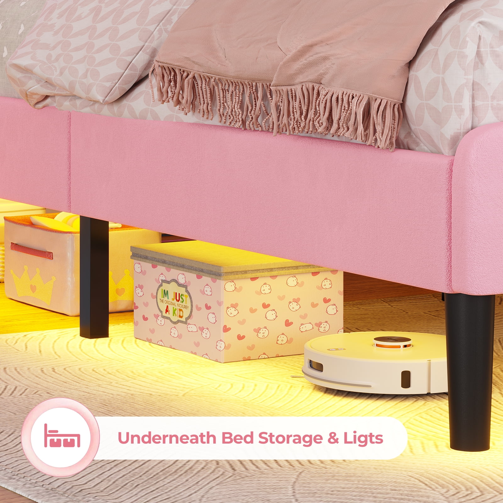 Twin Size Girl Bed Frame with LED Lights, Princess Bed with Adjustable Headboard, Twin Bed Velvet Upholstered Platform Bed with Princess Crown, Solid Wood Slats Support,Pink