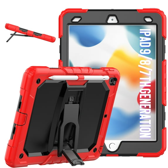 ELEHOLD for iPad 10.2 2021/2020/2019 Ragged Case, Soft Silicone Hard PC Shoulder Strap Built-Kickstand Anti-Drop Shockproof Heavy Duty Protective Cover Case,Red