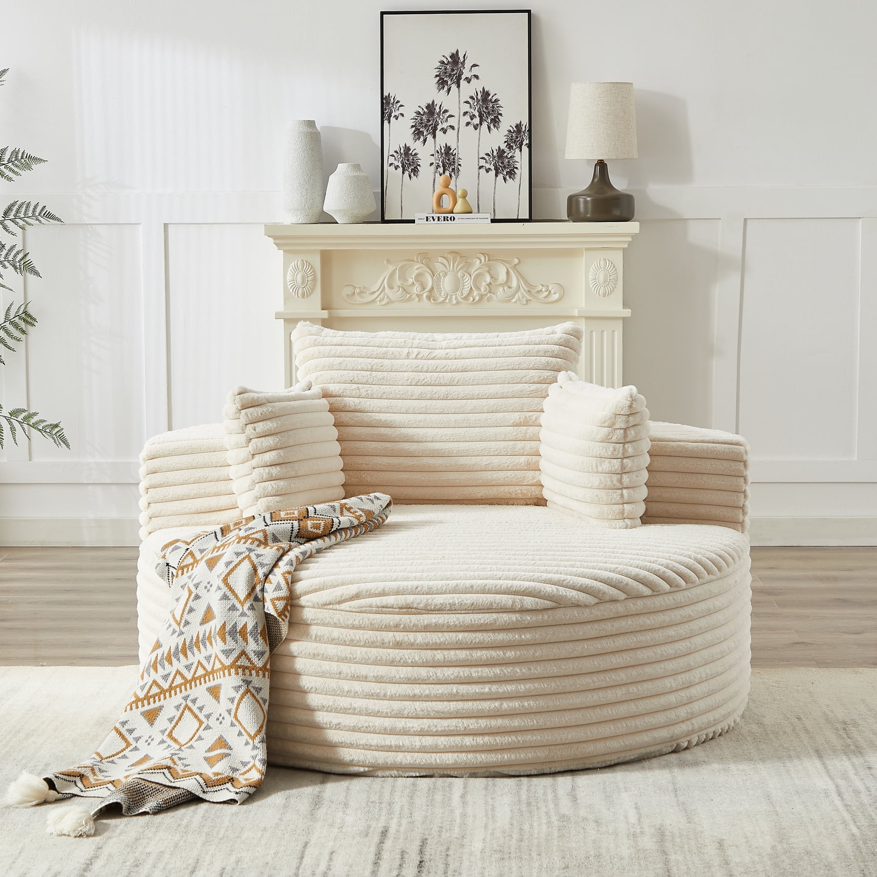 Leumius 55'' Oversized Round Chaise Longue Chair,Upholstered Corduroy Single Cloud Circle Sofa Chair with Deep Seat,Fluffy Modern Sleeper Sofa Bed for Reading,Living Room,Bedroom,