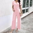 thumbnail image 2 of Diufon Summer Two Piece Suits for Women V Neck Short Sleeve Button Tops Solid Color Wide Leg Pants Outfits, 2 of 7