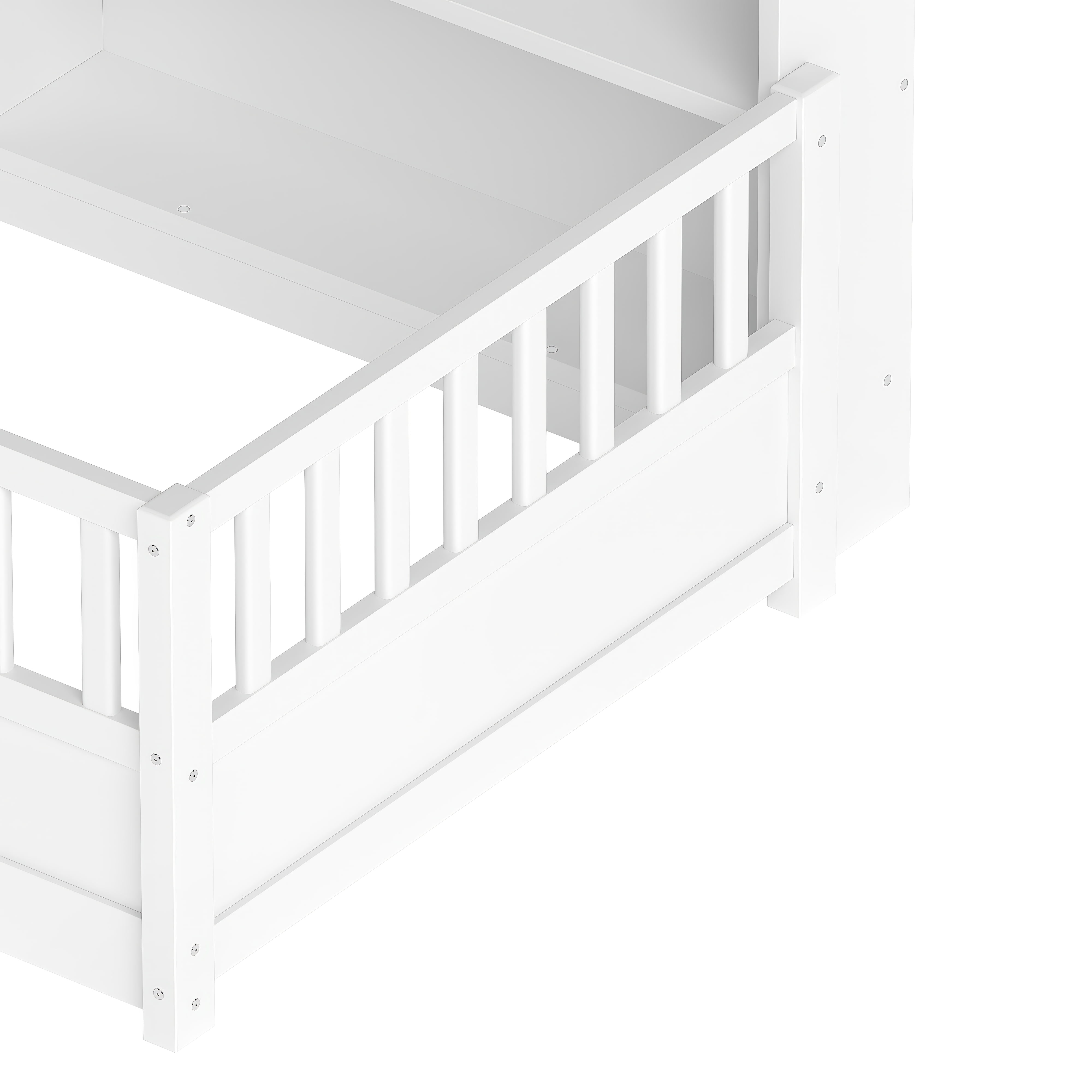 Miniyam Twin Size Wood Floor Bed with Guardrails, Storage & Bookshelf – Safe, Durable Design for Kids' Bedroom, White