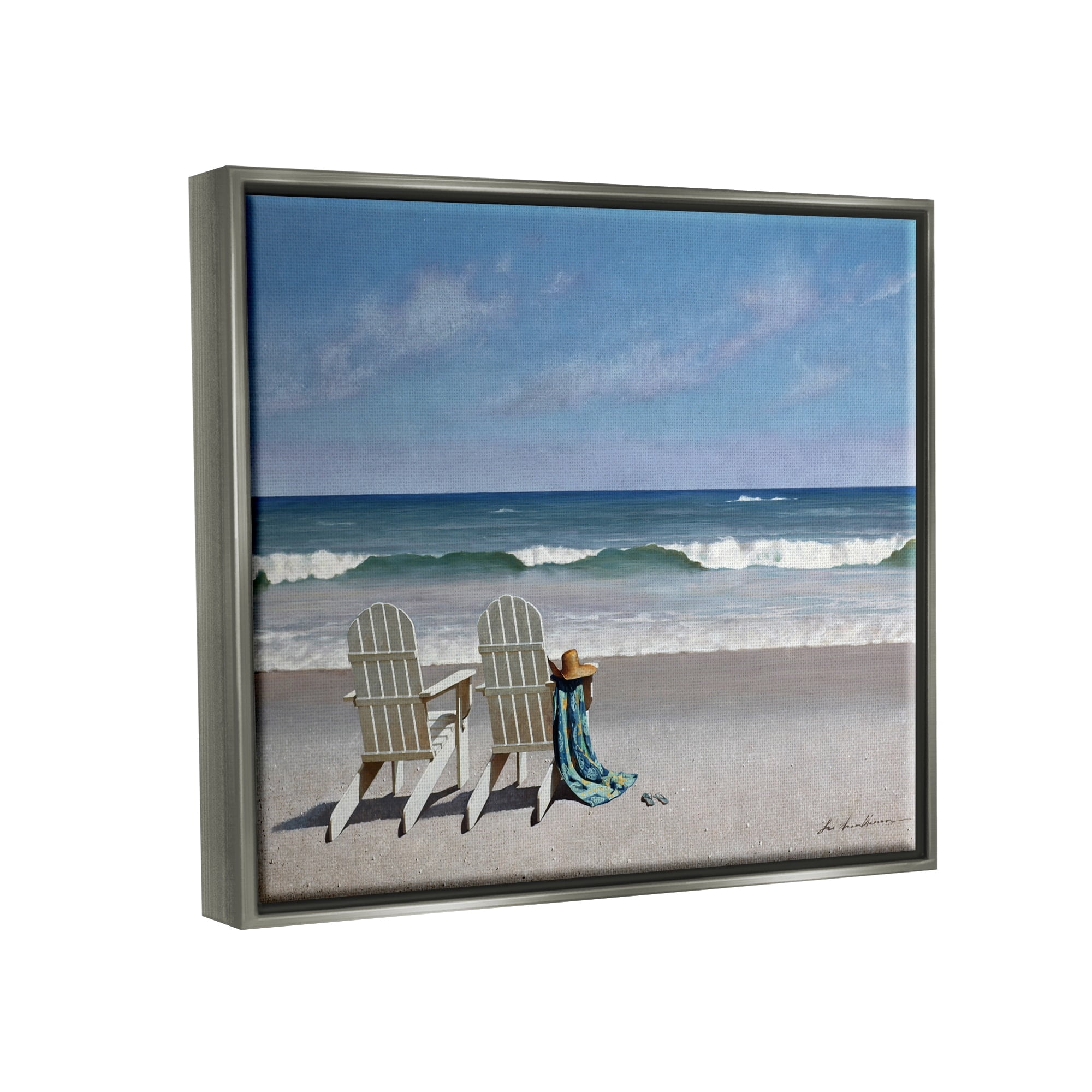 Stupell Industries Two White Adirondack Chairs on the Beach Luster Gray Framed Floating Canvas Wall Art, 24x30, by Zhen-Huan Lu