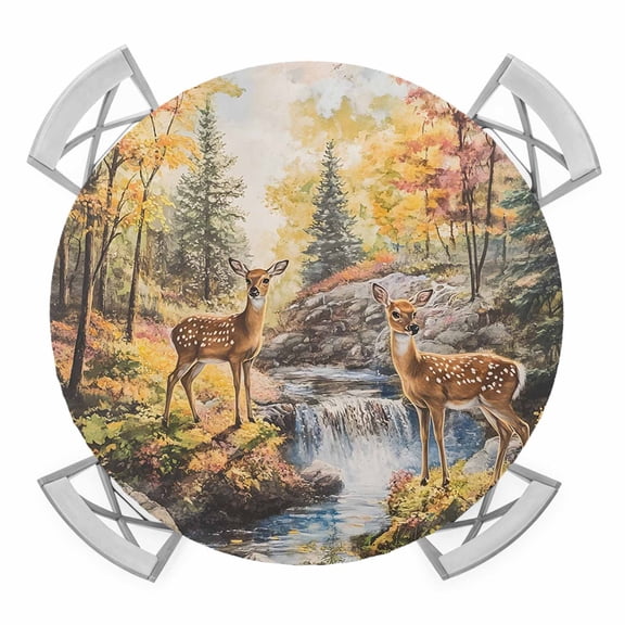 Autumn Forest Deer Round Tablecloth for 36-44 Inch Tables, Fitted Table Cover with Elastic Edge, Elk River Mountain Waterproof Outdoor Table Cloth Protector for Patio Garden Dinner Picnic