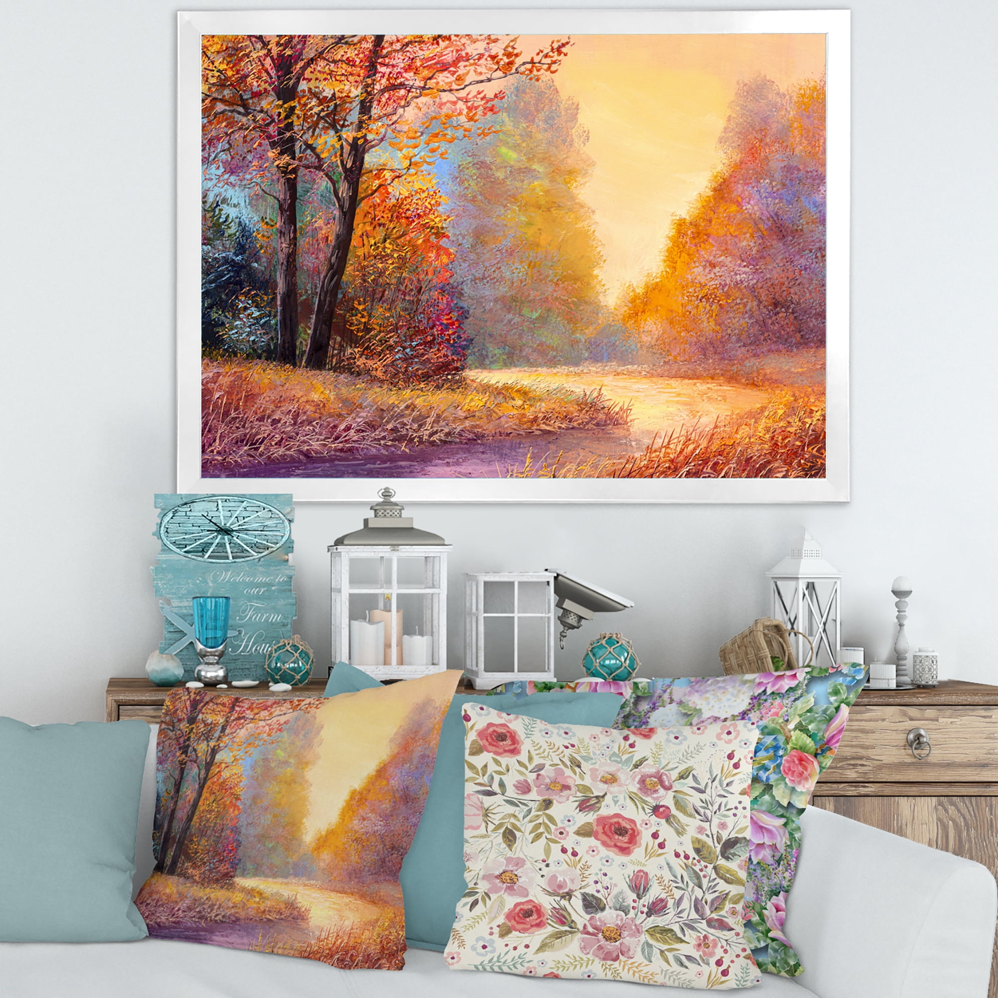 Designart 'The Autumn Forest Orange Leaves Landscape With Path' Lake House Framed Art Print