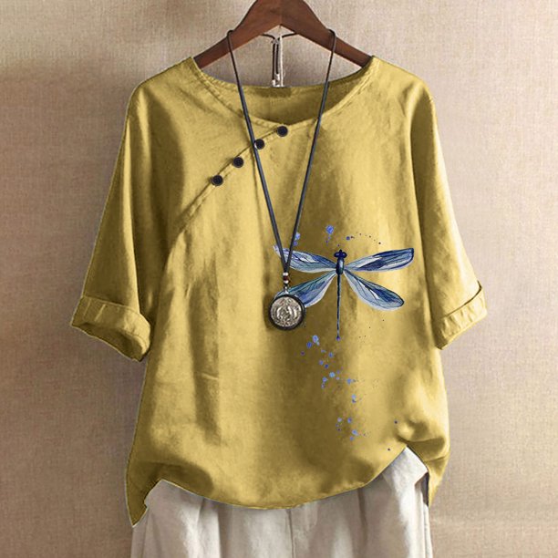 ICHUANYI Clearance Women Summer Sexy Print Regular Button Round Neck Short Sleeve Women Short Sleeves Top(Yellow, XXL) ICHUANYI WER2023081508762