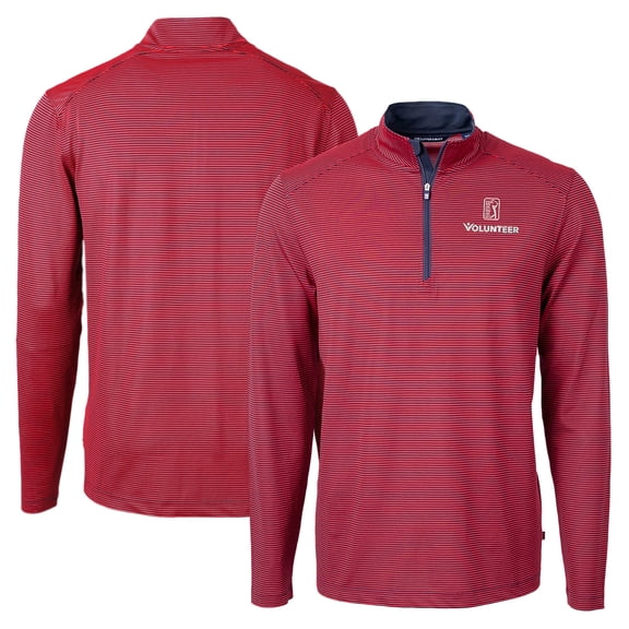 Men's Cutter & Buck  Red PGA TOUR Volunteers Big & Tall Virtue Eco Pique Micro Stripe Recycled Quarter-Zip Pullover Top