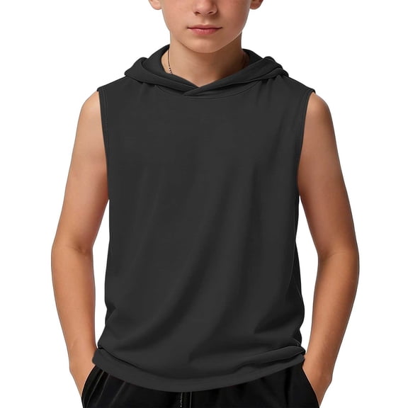 FSYBOA Boys Athletic Tank Tops, Running Casual Sleeveless Hooded Kids Summer Tops Black Size 5-15 T